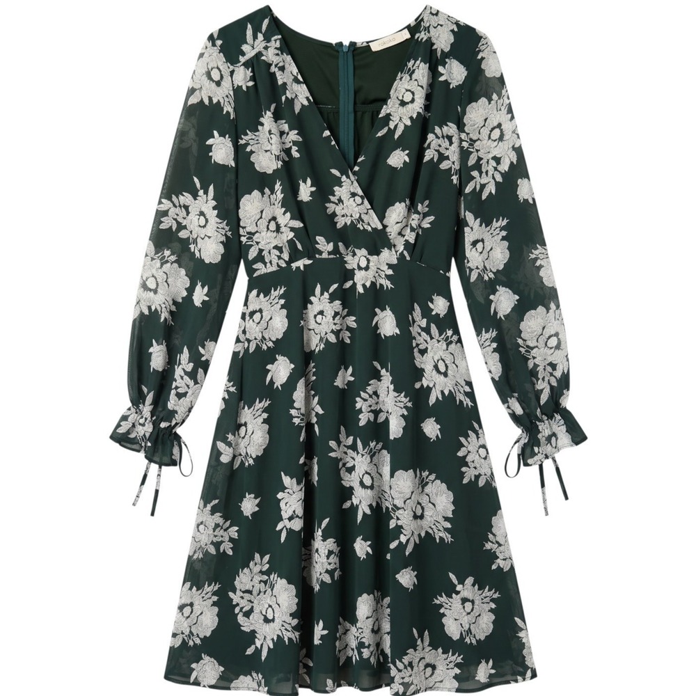 Rokoko Floral Dress Womens Small Green White V-Neck Faux Wrap Long‎ Sleeve Chiff